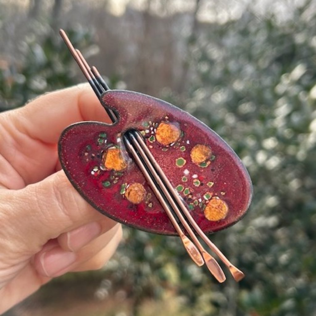 Matisse Renoir Copper Enamel Red Painter’s “Palette” Large Brooch